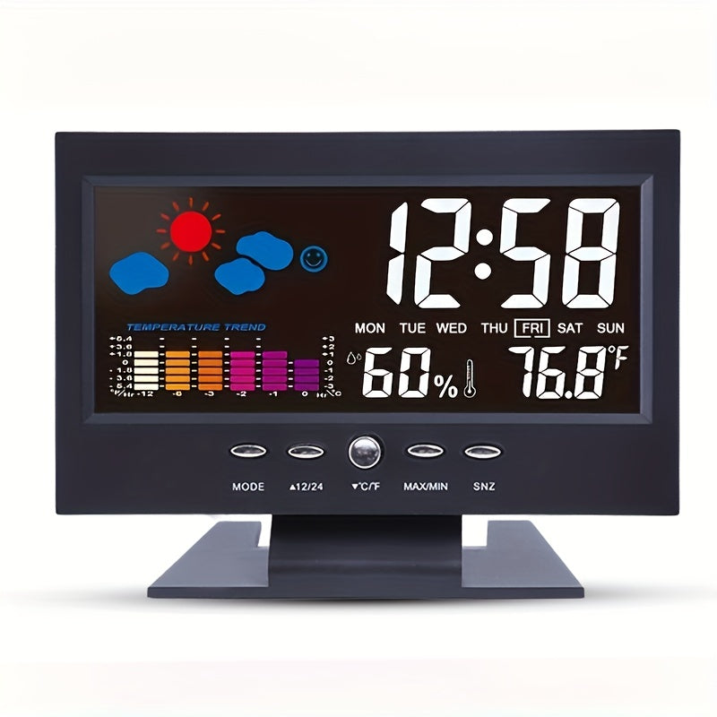 1pc Weather Clock with Voice-Activated Backlight - Displays Time, Date, Week, Temperature, Humidity, and Weather Forecast - 15.6x4x9.6cm\u002F6.1x3.7x1.5in