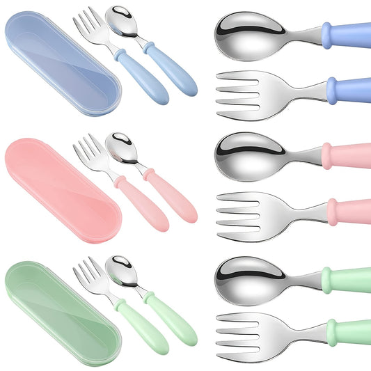 3pcs Toddler Utensils, Forks And Spoons Set, Stainless Steel Childrens Safe Flatware Metal Cutlery Set With Round Handle, Dishwasher Safe