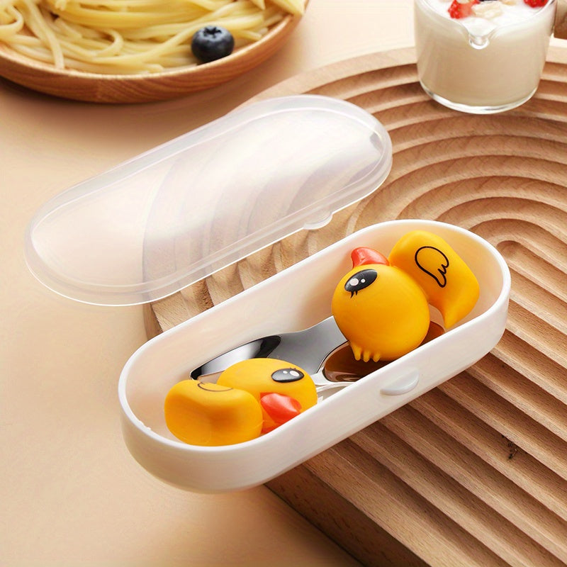 2pcs Cute Cartoon Children's Silicone Fork And Spoon Set For Toddlers, Stainless Steel Tableware