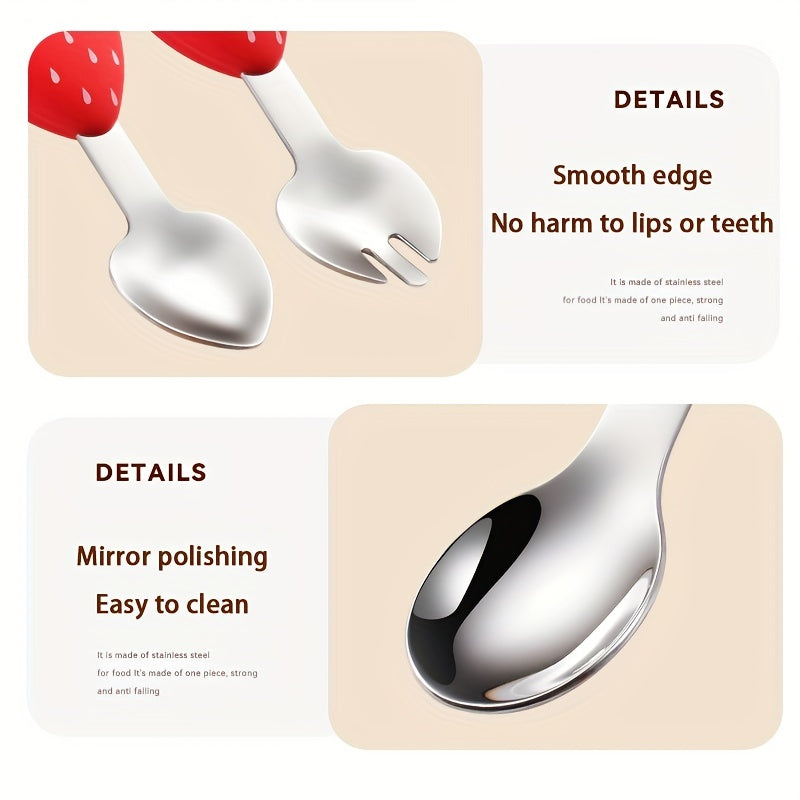 2pcs Cute Cartoon Children's Silicone Fork And Spoon Set For Toddlers, Stainless Steel Tableware