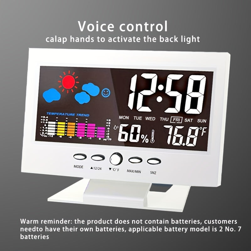 1pc Weather Clock with Voice-Activated Backlight - Displays Time, Date, Week, Temperature, Humidity, and Weather Forecast - 15.6x4x9.6cm\u002F6.1x3.7x1.5in