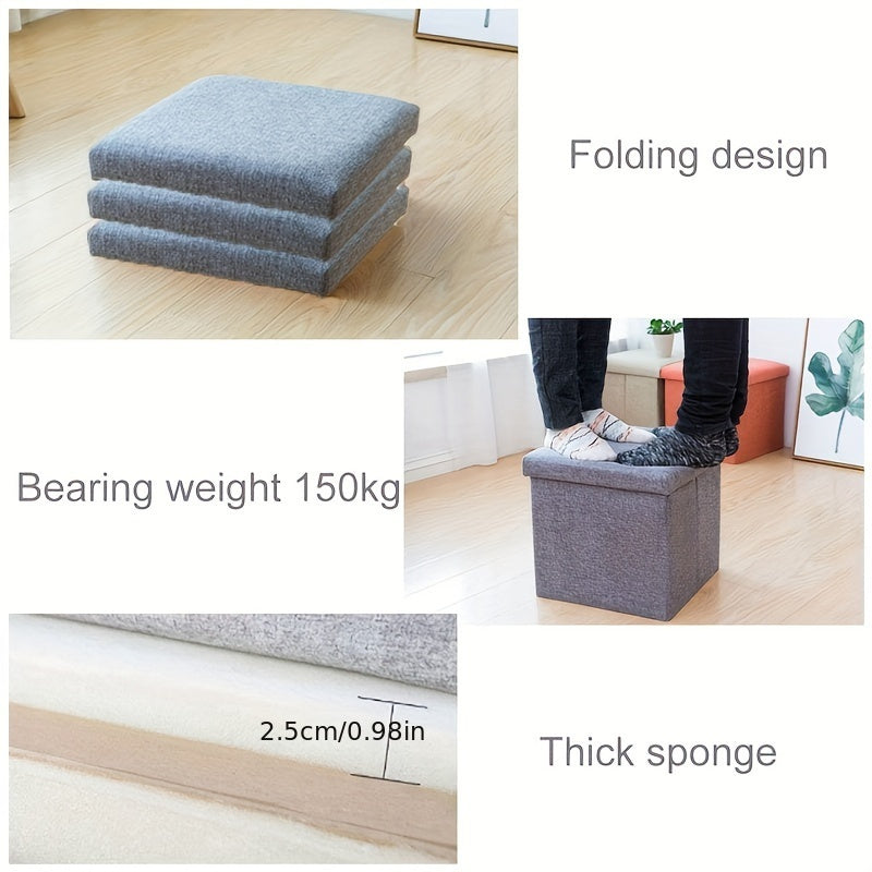1pc Grey Foldable Cotton And Linen Storage Stool, Foldable Ottoman Stool For Shoe Changing, For Storing Book Toy Tool