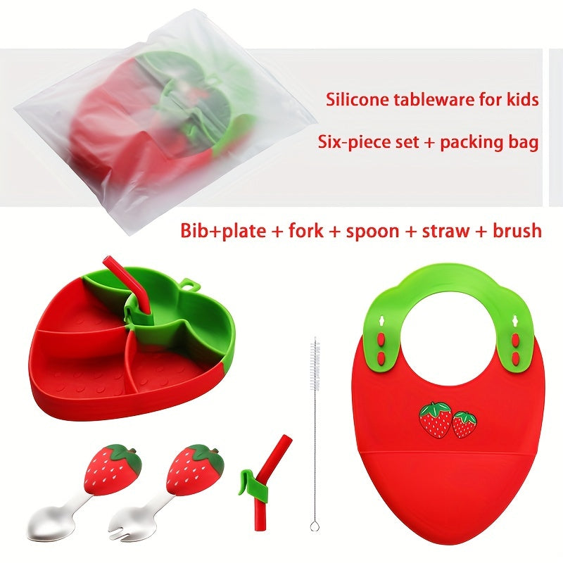 5\u002F6Pcs Cute Cartoon Strawberries Children's Tableware Set, Children's  Stainless With Silicone Fork Spoon, Silicone Dinner Plate And Bib, Straw, Hair Brush, Silicone Portable Set, Baby Food Supplement Feeding Tool Set, Baby's Feeding Supplies