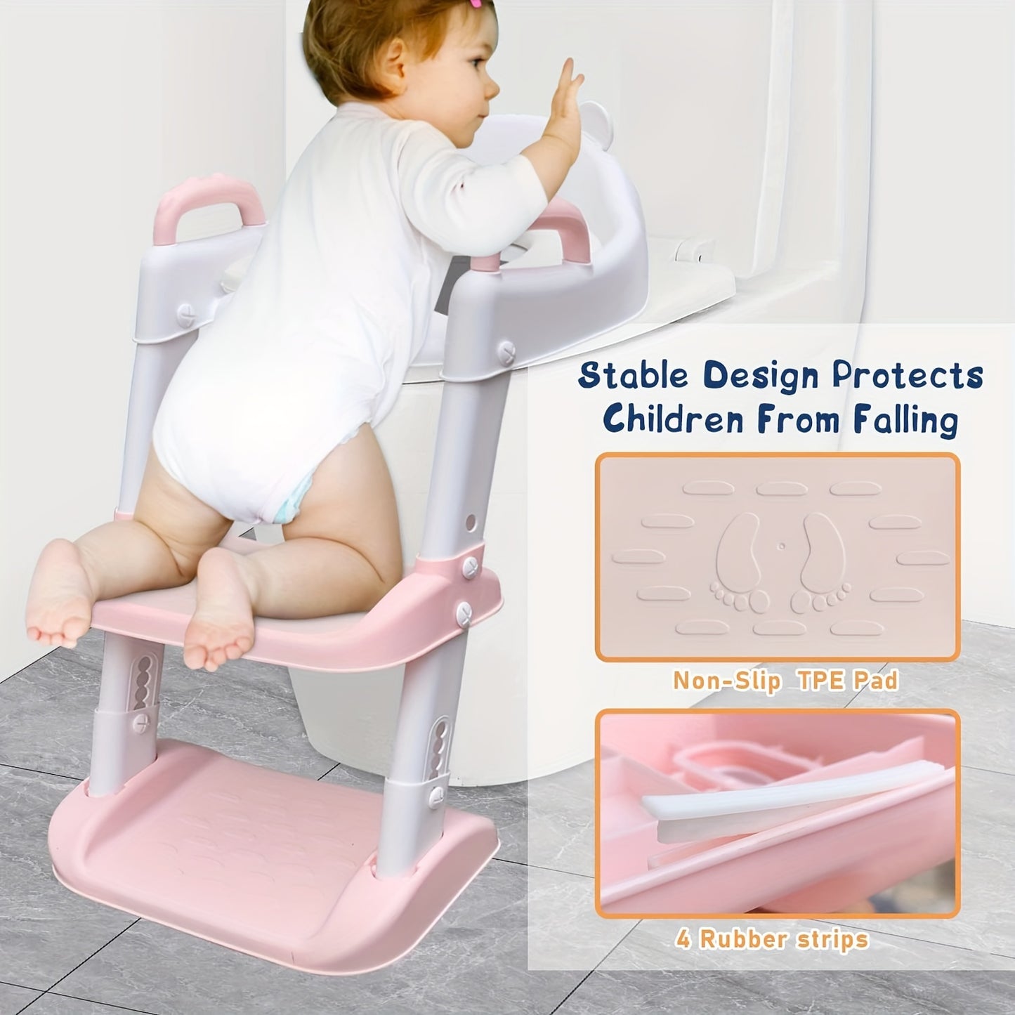 1pc Potty Training Seat With Step Stool Ladder, Anti-Slip And Detachable Soft Pad, Toilet Training Seat With Height Adjustable Wide Steps And Safety Handles, Pink