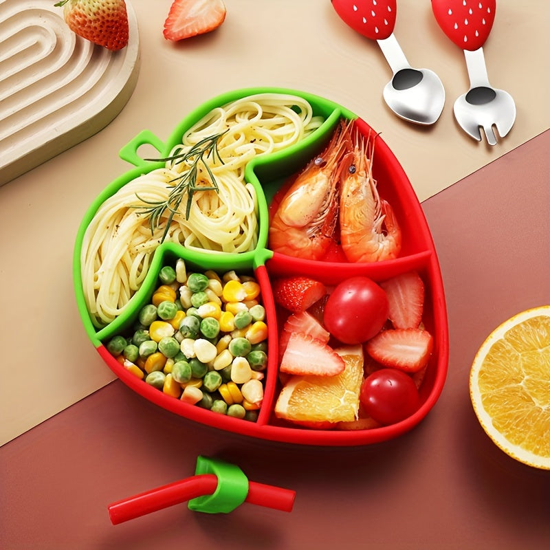 5\u002F6Pcs Cute Cartoon Strawberries Children's Tableware Set, Children's  Stainless With Silicone Fork Spoon, Silicone Dinner Plate And Bib, Straw, Hair Brush, Silicone Portable Set, Baby Food Supplement Feeding Tool Set, Baby's Feeding Supplies