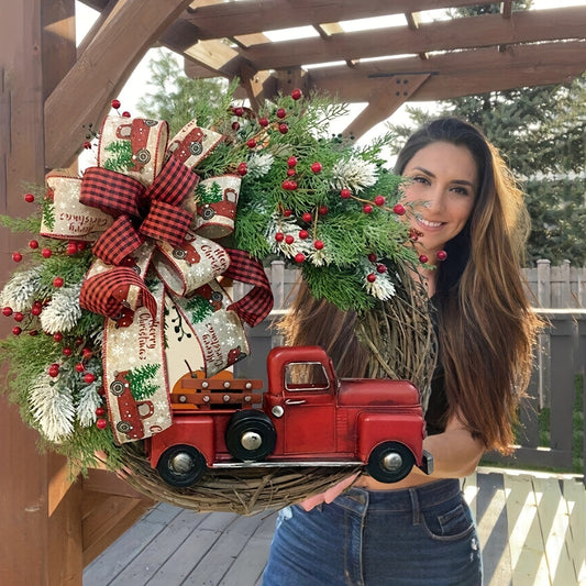1pc, Christmas Artificial Wreath Red Truck Decoration, Large Door Front Wreath, Door Hanging, Christmas Decorations, Home Decoration Wreath, Christmas Decor Supplies, Holiday Decor