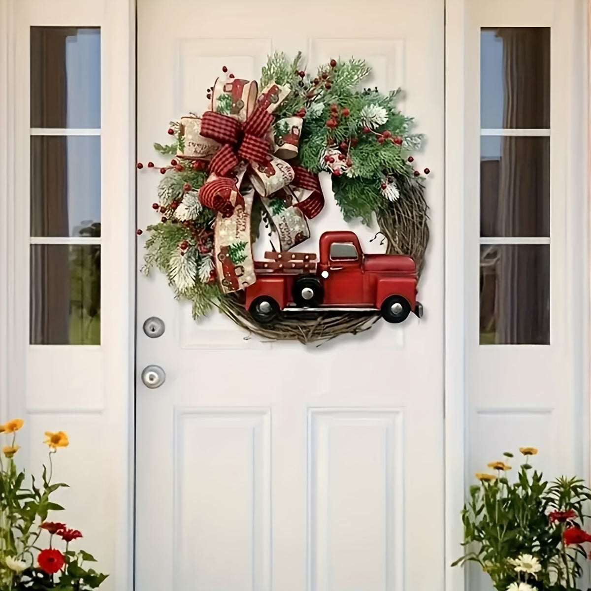 1pc, Christmas Artificial Wreath Red Truck Decoration, Large Door Front Wreath, Door Hanging, Christmas Decorations, Home Decoration Wreath, Christmas Decor Supplies, Holiday Decor
